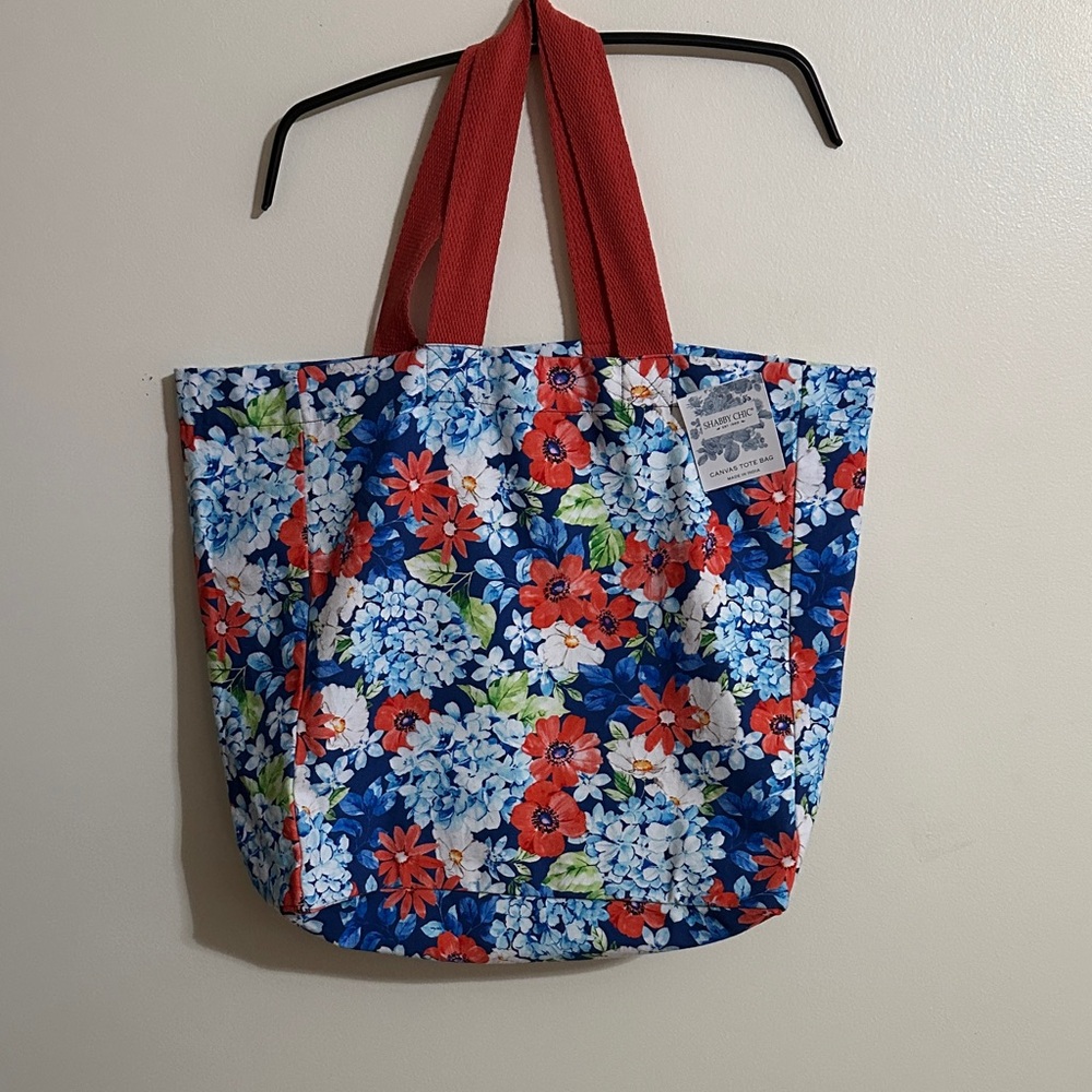 Shabby Chic Floral Tote with Red Handles